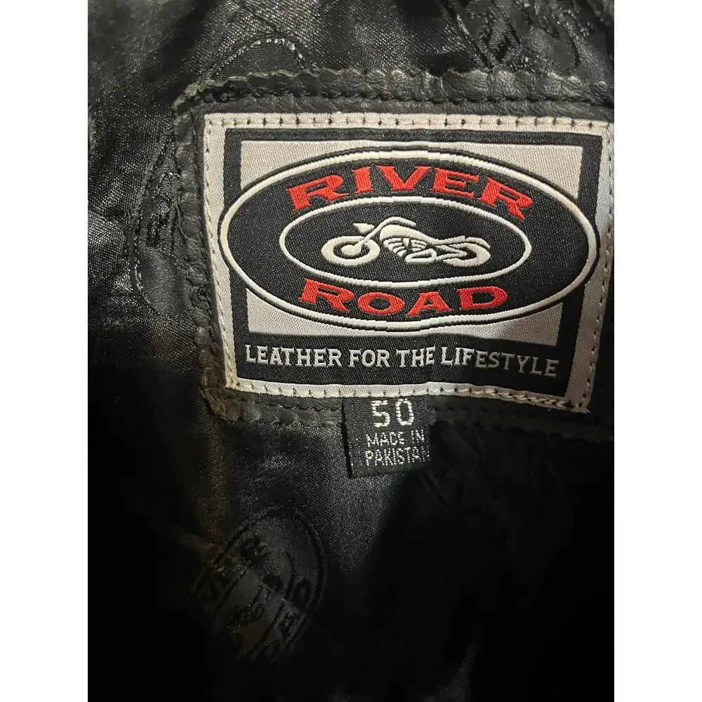 River Road Black Leather Moto Jacket Size 50 XL Lace-Up Side